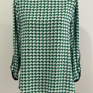 The Limited S Green and White Geometric Women's Blouse Cuffed Sleeves 032‎